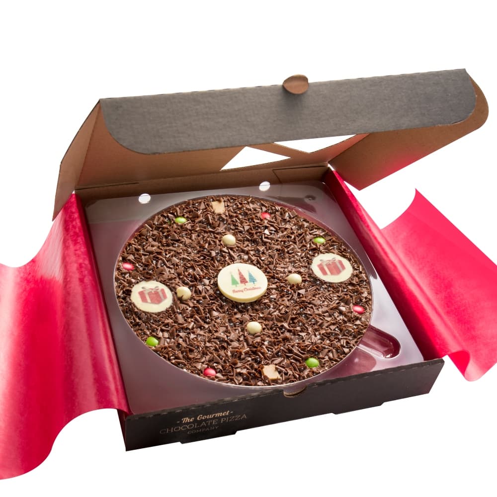 The 10" Version of our Christmas Pizza for 2021 carries 3 chocolate plaques - a central Merry Christmas plaque with two present-themed plaques either side.